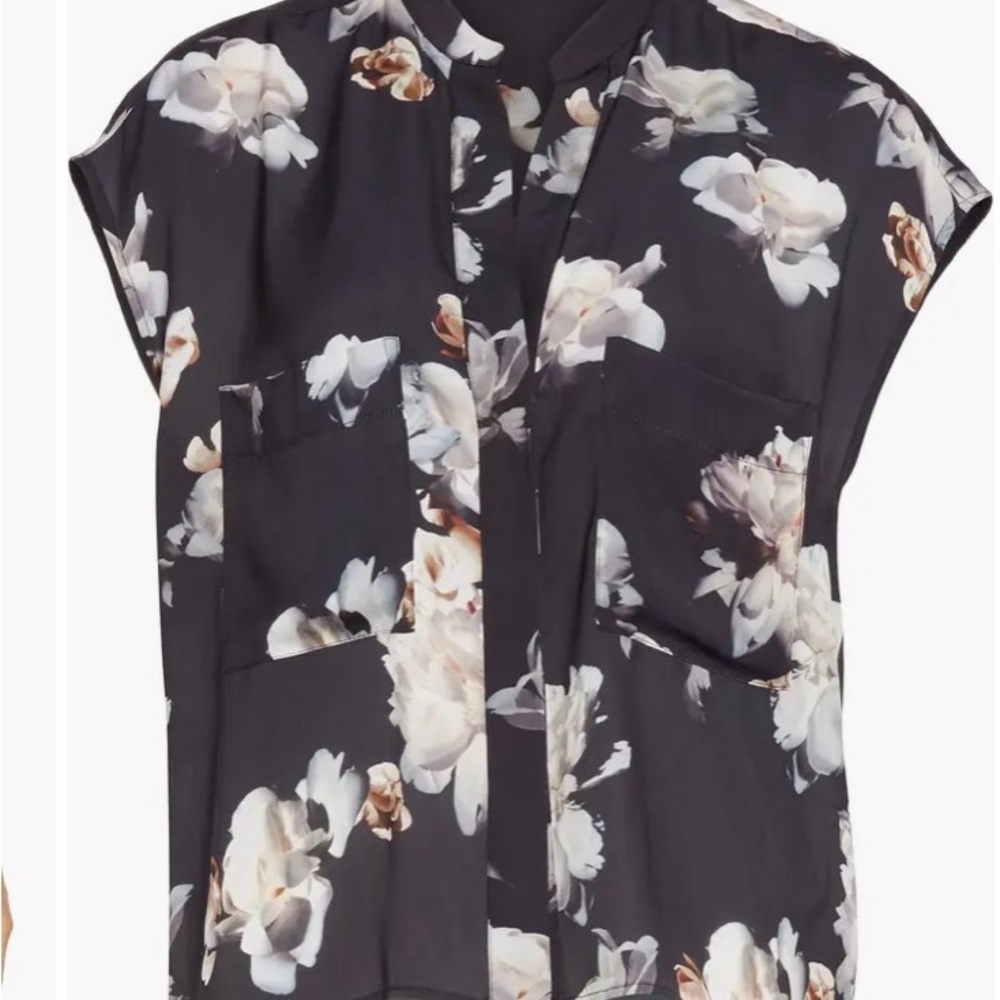 Vince Black Silk Peony Printed Shell Cropped Cap Sleeves Floral Elegant Blouse
